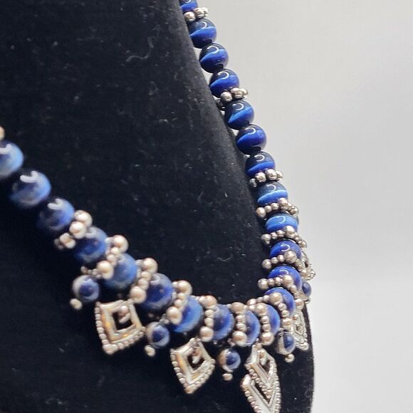 Vintage Avon Bohemian Statement Blue Tiger's Eye Beaded Blue Silver Necklace 19" - Picture 7 of 8